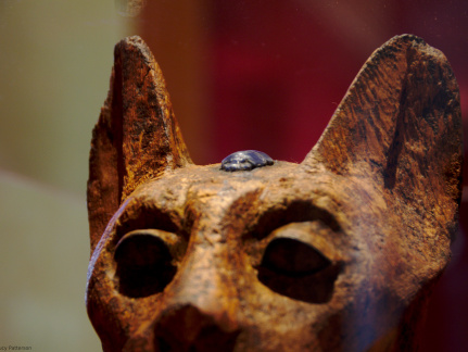 Wooden Statue of a Cat with a Scarab Beetle between Its Ears