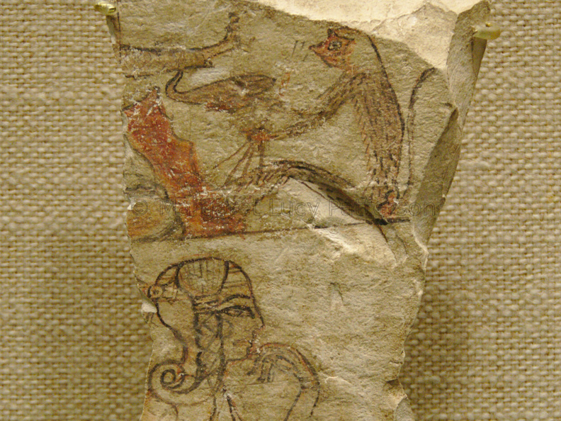 Ostracon depicting an animal fable or myth in the upper register and a princess in the lower