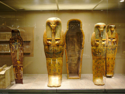 Mummy Board of Henettawy (left) and Coffins of Menkheperra (right)