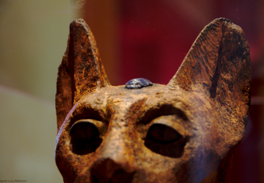 Wooden Statue of a Cat with a Scarab Beetle between Its Ears