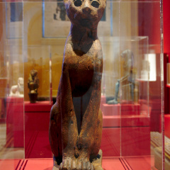 Wooden Statue of a Cat with a Scarab Beetle between Its Ears