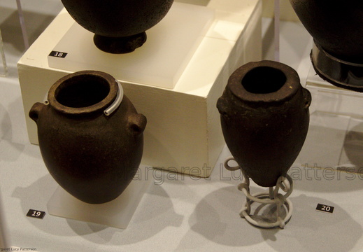 One Stone Jar (left) and one Ceramic Lug-handled Jar Painted to Look Like Stone