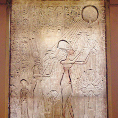 Akhenaten, Nefertiti and Two Princesses Worshipping the Aten