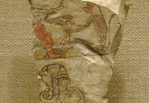 Ostracon depicting an animal fable or myth in the upper register and a princess in the lower