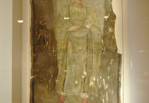 Shroud Painted with a Woman in a Fringed Dress Flanked by Deities