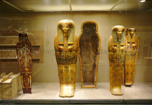 Mummy Board of Henettawy (left) and Coffins of Menkheperra (right)